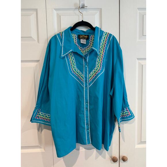 Bob Mackie Wearable Art Blue Retro Ric-Rac Top Size 3X  Bright & Bold - Picture 1 of 7